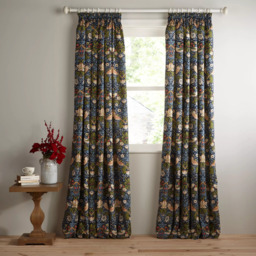 Morris & Co. Strawberry Thief Pair Lined Pencil Pleat Curtains, Indigo - thumbnail 3
