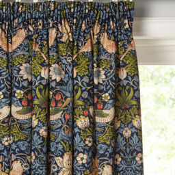 Morris & Co. Strawberry Thief Pair Lined Pencil Pleat Curtains, Indigo - thumbnail 1