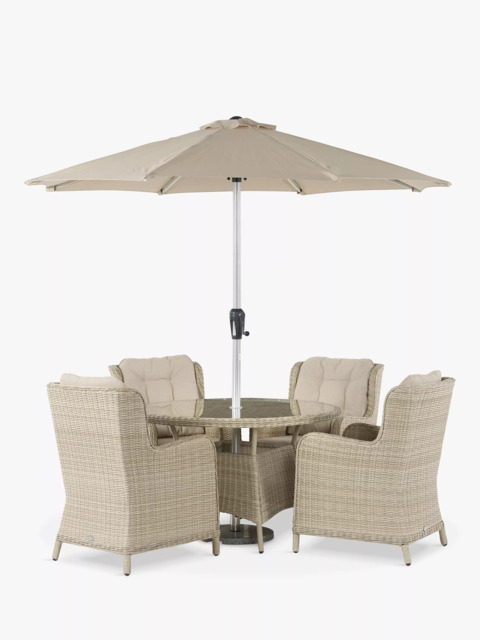 Bramblecrest Chedworth 4-Seater Garden Round Dining Table & Chairs Set with Parasol, Sandstone - image 1