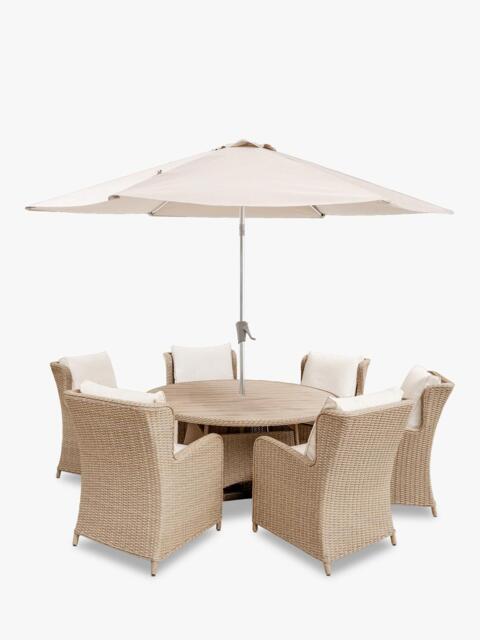 KETTLER Derwent Woven 6-Seater Round Garden Dining Table & Chairs Set with Parasol & Base, Brown - image 1