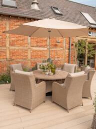 KETTLER Derwent Woven 6-Seater Round Garden Dining Table & Chairs Set with Parasol & Base, Brown - thumbnail 2