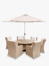 KETTLER Derwent Woven 6-Seater Round Garden Dining Table & Chairs Set with Parasol & Base, Brown