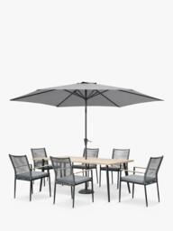 KETTLER Merano 6-Seater Rectangular Garden Dining Table & Chairs Set with Parasol & Base, Grey