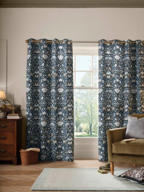 William Morris At Home Lodden Pair Lined Eyelet Curtains, Prussian Blue - image 1