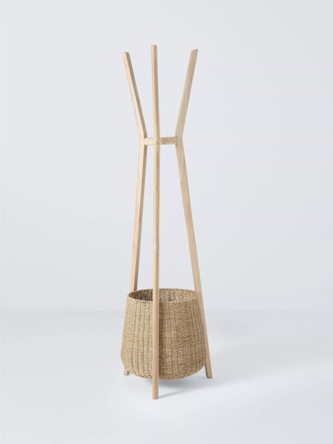 John Lewis Timber Coat Stand & Woven Storage Basket, White Washed