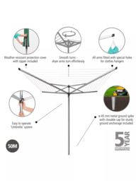 Brabantia Topspinner Rotary Clothes Outdoor Airer Washing Line with Ground Spike and Cover, 50m, Metallic Grey - thumbnail 1