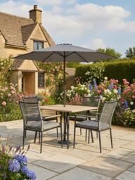KETTLER Merano 4-Seater Square Garden Dining Table & Chairs Set with Parasol & Base, Grey - thumbnail 2