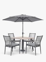 KETTLER Merano 4-Seater Square Garden Dining Table & Chairs Set with Parasol & Base, Grey