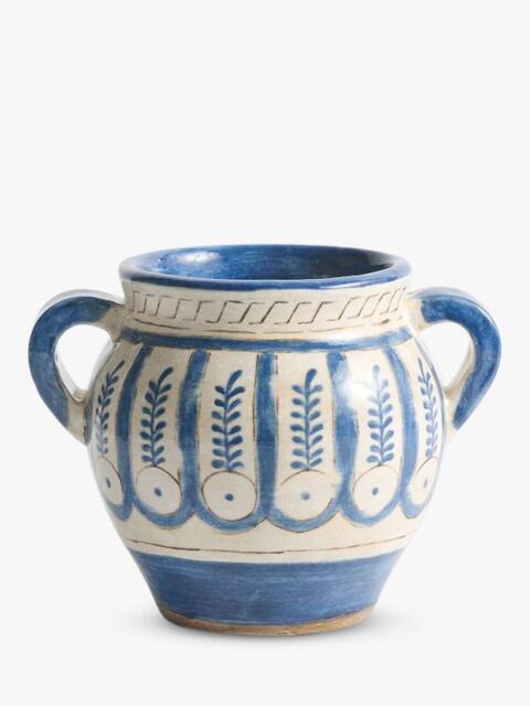 Pottery Barn Patterned Terracotta Clay Vase, H18cm, Blue/Ivory - image 1