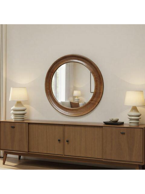 Yearn Ashby Round Oak Wood Wall Mirror, 80cm, Walnut - image 1