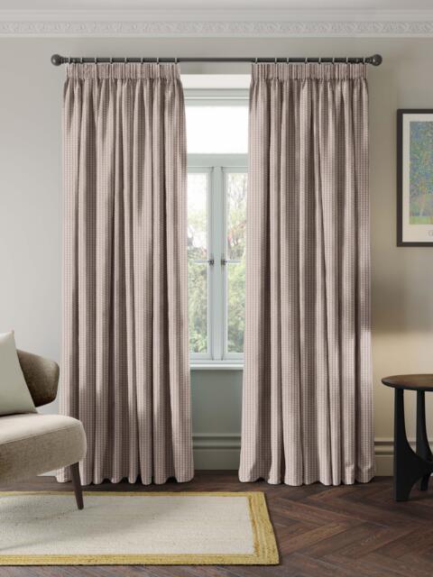 John Lewis Mini Geometric Check Pair Blackout Lined Pencil Pleat Curtains, Latte - image 1