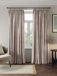 John Lewis Mini Geometric Check Pair Blackout Lined Pencil Pleat Curtains, Latte