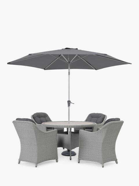 KETTLER Foxley Woven 4-Seater Round Garden Dining Table & Chair Set with Parasol & Base, Grey - image 1