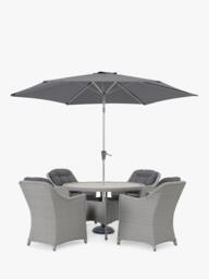 KETTLER Foxley Woven 4-Seater Round Garden Dining Table & Chair Set with Parasol & Base, Grey - thumbnail 1