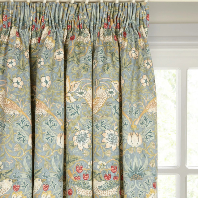 Morris & Co. Strawberry Thief Pair Lined Pencil Pleat Curtains, Duck Egg - image 1