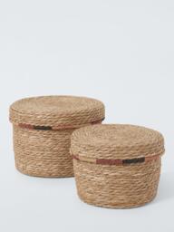 John Lewis Coloured Edge Storage Baskets with Lid, Set of 2, Natural