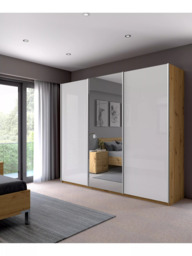 John Lewis Elstra 300cm White Glass & Mirrored 3 Sliding Doors Wardrobe, Bianco Oak - thumbnail 2