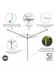 Brabantia Lift-O-Matic Rotary Clothes Outdoor Airer Washing Line with Ground Spike, Cover, Peg Bag and Pegs, 50m