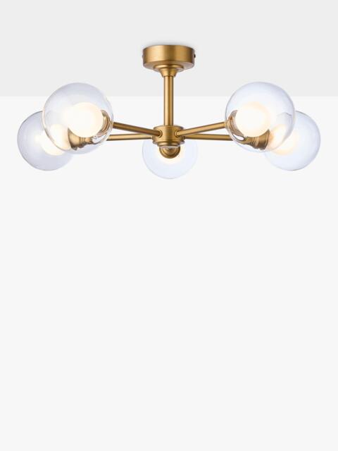 John Lewis Oliver 5 Arm Glass Globe Semi Flush Ceiling Light, Antique Brass - image 1