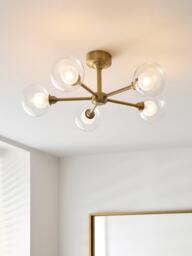 John Lewis Oliver 5 Arm Glass Globe Semi Flush Ceiling Light, Antique Brass - thumbnail 6