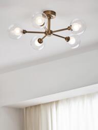 John Lewis Oliver 5 Arm Glass Globe Semi Flush Ceiling Light, Antique Brass - thumbnail 2
