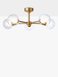John Lewis Oliver 5 Arm Glass Globe Semi Flush Ceiling Light, Antique Brass - thumbnail 1