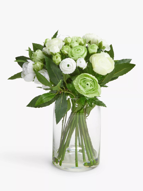 Floralsilk Artificial White Ranunculus Bouquet in Glass Vase, 33cm, Green/White - image 1