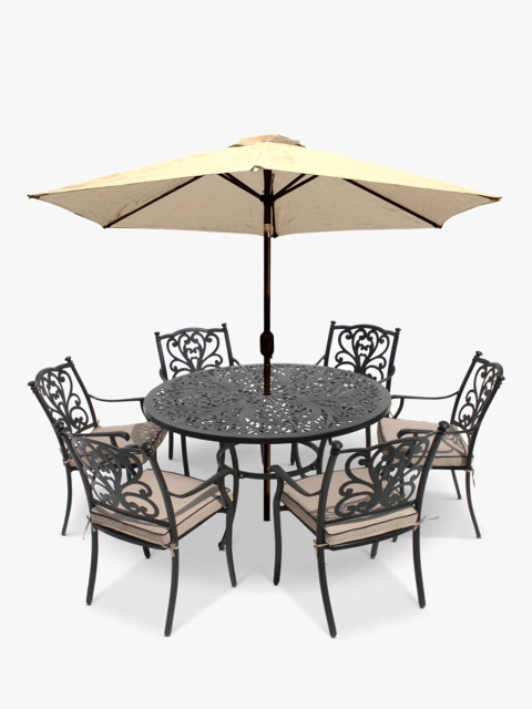 LG Outdoor Devon 6-Seater Garden Dining Table & Chairs Set with Parasol, Bronze - image 1