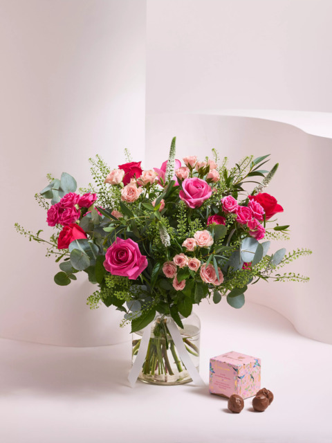 John Lewis Pink Roses Mixed Hand Tied Bouquet, Vase & Chocolates - image 1