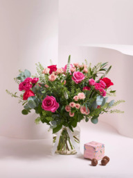 John Lewis Pink Roses Mixed Hand Tied Bouquet, Vase & Chocolates - thumbnail 1
