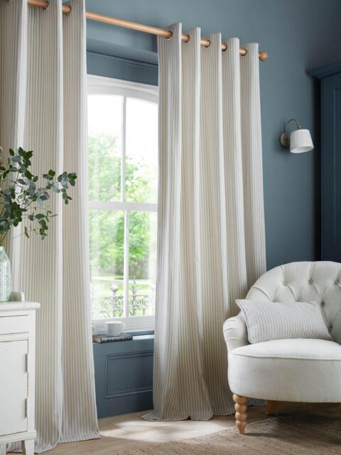 Laura Ashley Cornish Chenille Stripe Pair Lined Eyelet Curtains, Slate Blue - image 1