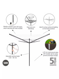 Brabantia Lift-O-Matic Rotary Clothes Outdoor Airer Washing Line with Ground Spike, Cover, Peg Bag and Pegs, 50m - thumbnail 2