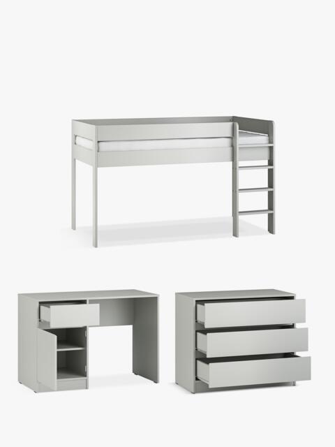 Little Acorns Furniture Mid Sleeper Bed Frame, 3 Drawer Chest and Desk Bundle, Grey