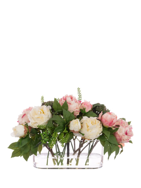 Floralsilk Artificial Deluxe Peony in Oblong Glass Vase, Pink - image 1