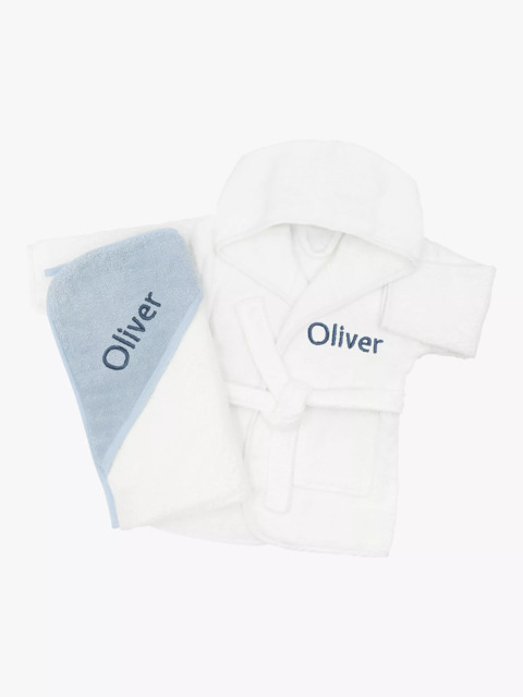 Babyblooms Personalised Baby Bathrobe with Luxury Hooded Baby Towel, White/Blue - image 1