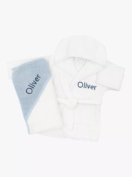 Babyblooms Personalised Baby Bathrobe with Luxury Hooded Baby Towel, White/Blue - thumbnail 1