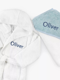 Babyblooms Personalised Baby Bathrobe with Luxury Hooded Baby Towel, White/Blue - thumbnail 3