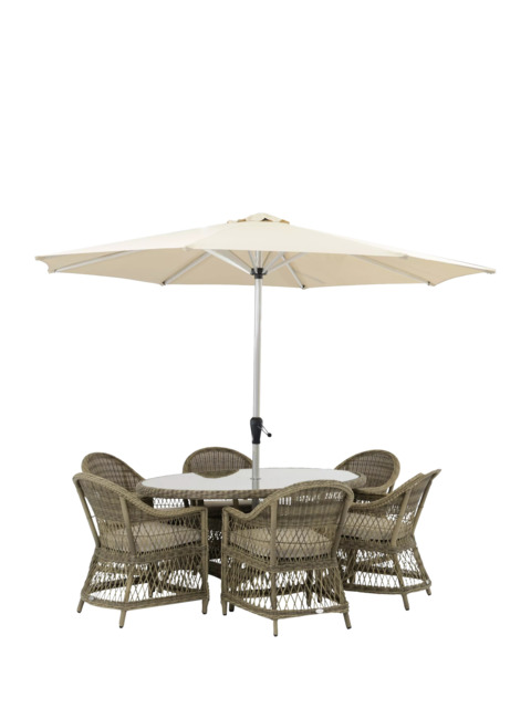 Bramblecrest RHS Rosemoor 6-Seater Ellipsis Garden Dining Table & Chairs Set with Parasol, Latte - image 1