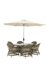 Bramblecrest RHS Rosemoor 6-Seater Ellipsis Garden Dining Table & Chairs Set with Parasol, Latte