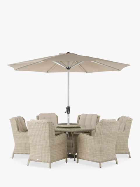 Bramblecrest Chedworth 6-Seater Garden Round Dining Table & Chairs Set with Lazy Susan & Parasol, Sandstone - image 1
