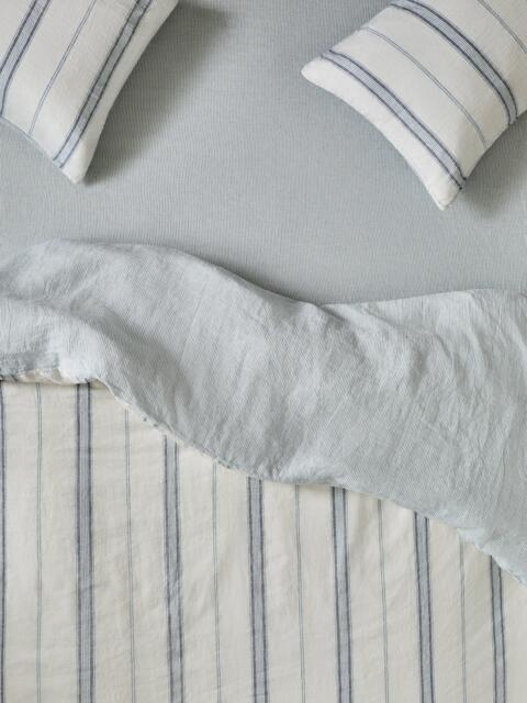 Piglet in Bed Farmhouse Stripe Linen Blend Fitted Sheet, Dusk Blue