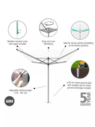 Brabantia Lift-O-Matic Rotary Clothes Outdoor Airer Washing Line, with Soil Spear and Cover, 60m - thumbnail 2