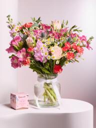 John Lewis Peach & Lilac Hand Tied Bouquet, Vase & Chocolates