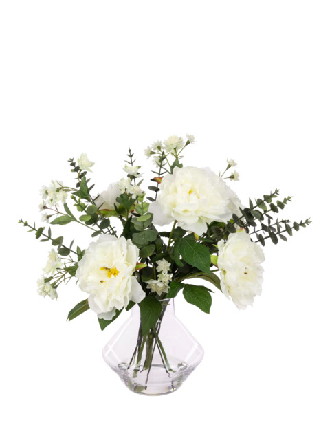 Floralsilk Artificial Peony & Eucalyptus in Glass Vase, 46cm, White/Green - image 1
