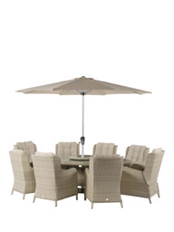 Bramblecrest Chedworth 8-Seater Garden Elliptical Dining Table & Chairs Set with Lazy Susan & Parasol, Sandstone