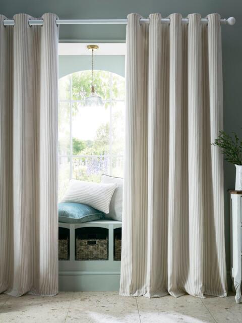 Laura Ashley Cornish Chenille Stripe Pair Lined Eyelet Curtains, Natural - image 1