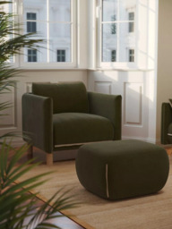 Cozmo Cozy Pouffe Footstool, Dark Green Velvet Natural Piping - thumbnail 2