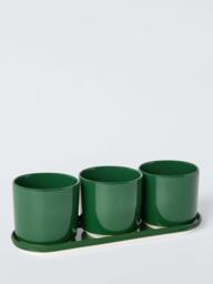 John Lewis X Deliciously Ella Stoneware Indoor Trio Planter & Tray, Green
