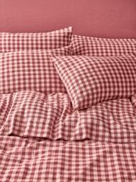 Piglet in Bed Gingham Linen Blend Bedding, Rhubarb/Rose