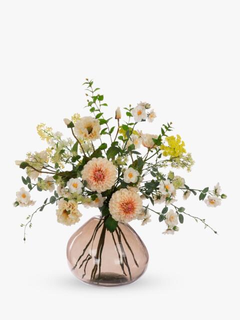 Floralsilk Artificial Pom Pom Dahlia & Poppy Bouquet in Glass Vase, H71cm, Yellow